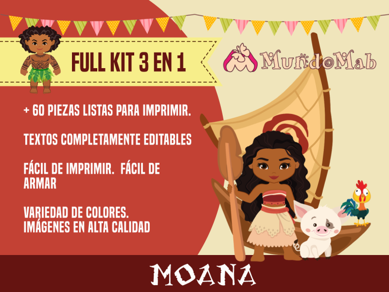 Tres kits imprimibles de Moana para cumpleaños